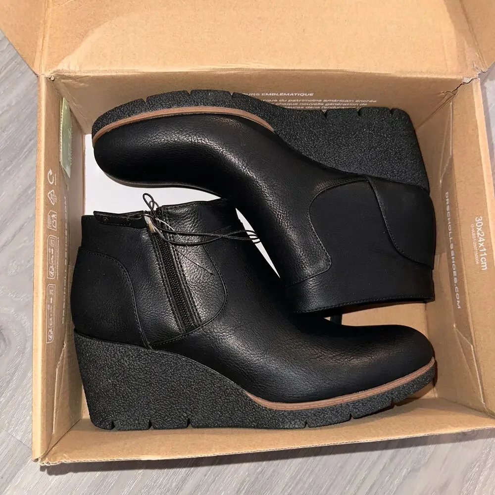 Dr Scholls Womens Black Wedge Ankle Bootie Faux Leather boots Side Zip bianc